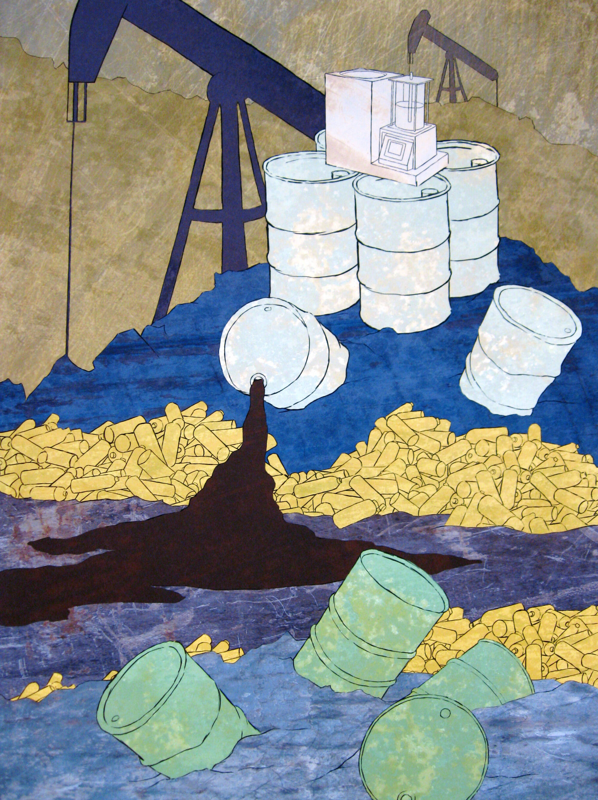 Image of barrels of oil stacked on piles of trash, spilling into water.